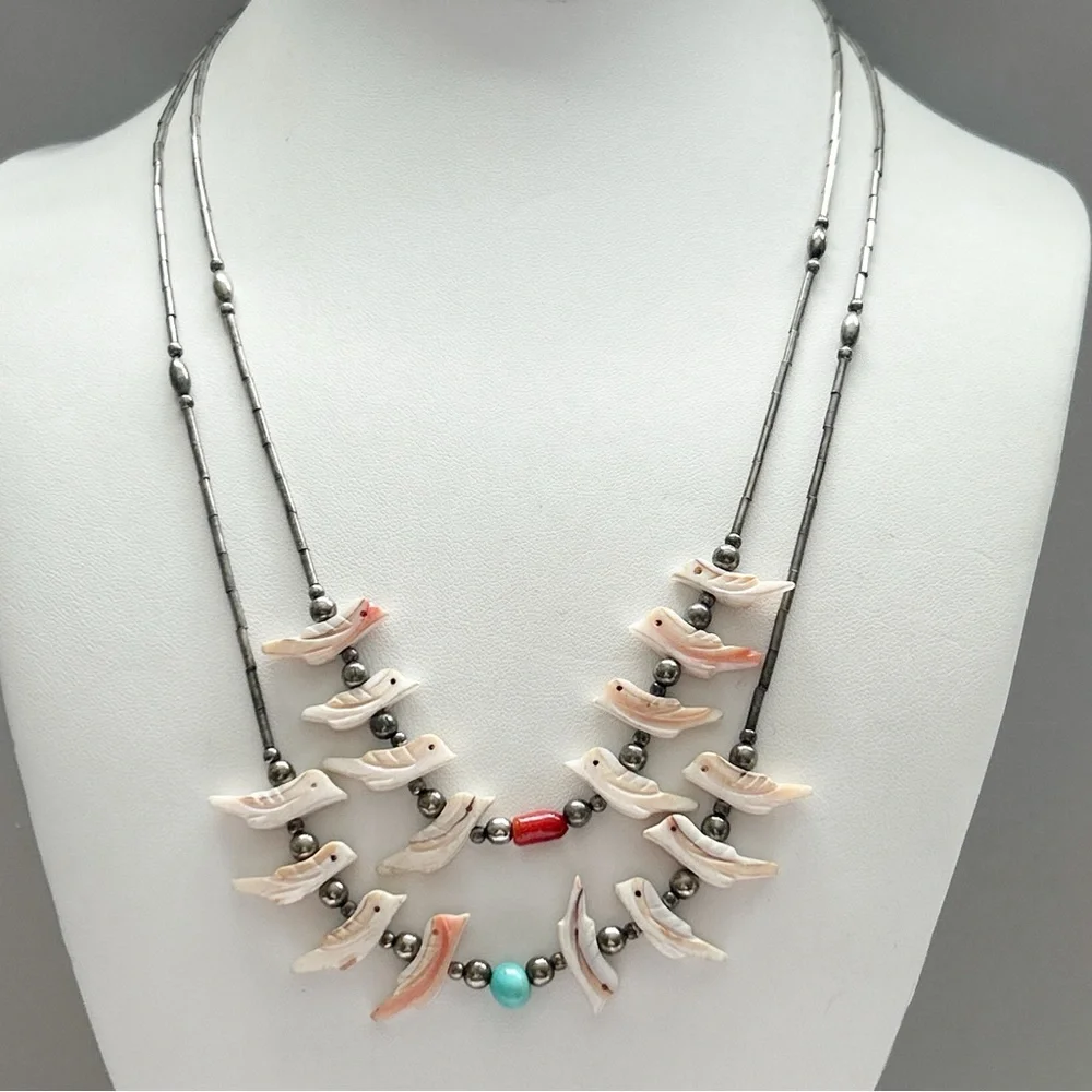 Vintage Southwestern Two Strand Fetish Turquoise Coral Sterling Silver Necklace - Picture 3 of 13